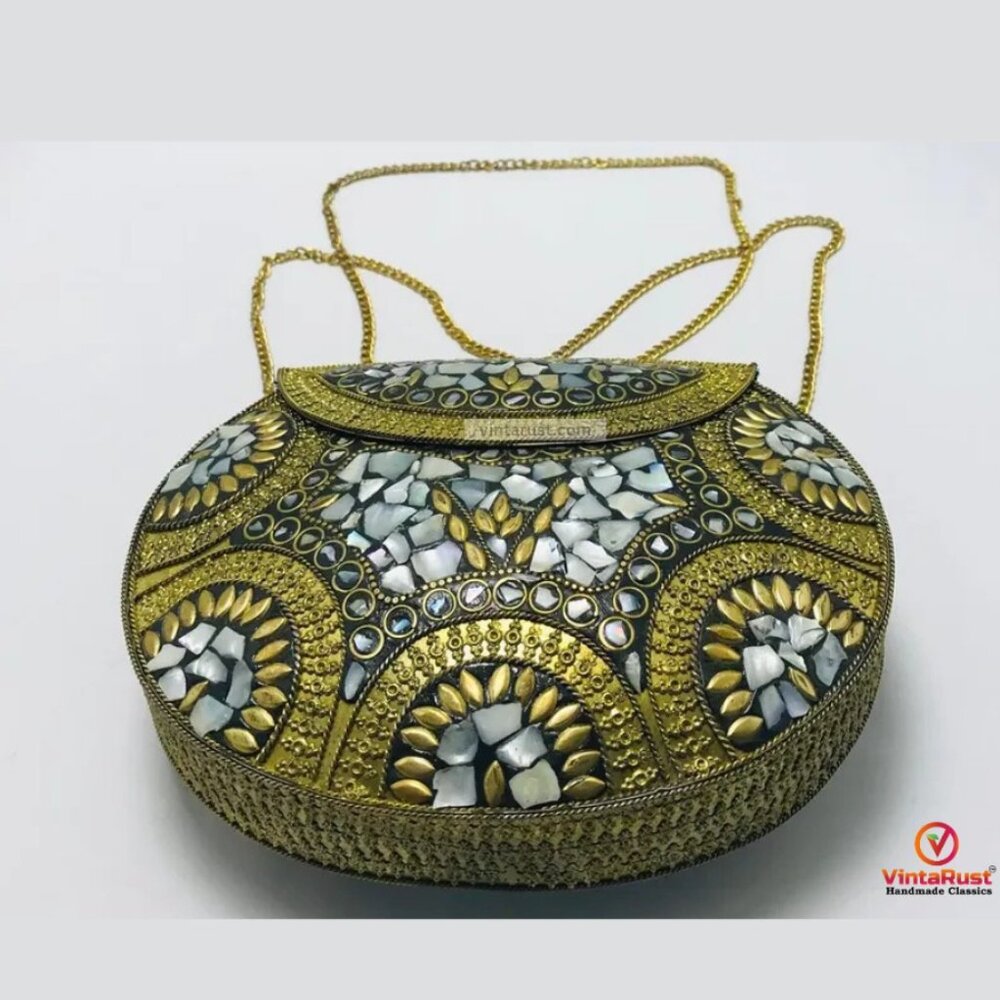 Handmade Kuchi Tribal Clutch: Black & Gold Mosaic Evening Bag - Picture 2 of 4